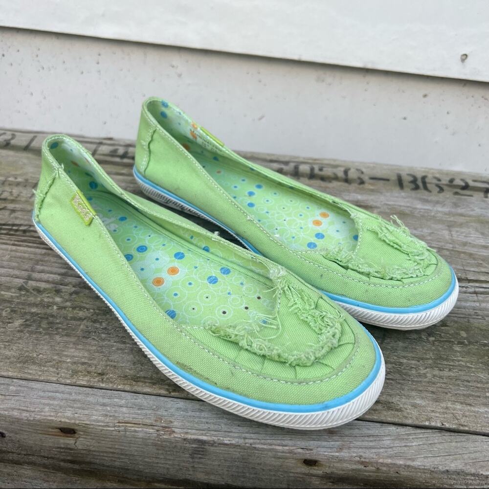 Keds bright green twill canvas fray toe slide on shoes size 6.5
